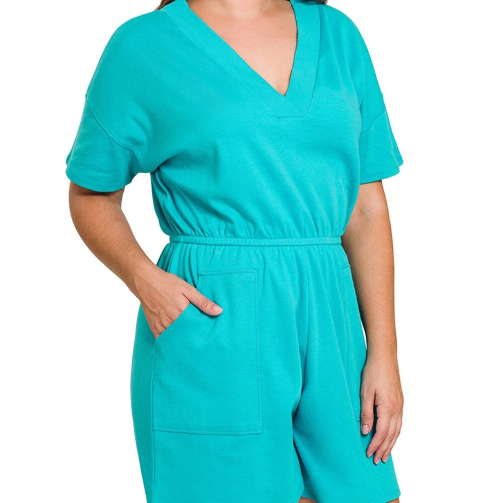 Zenana Plus Size Ice Blue V‑Neck Romper with Pockets 2X